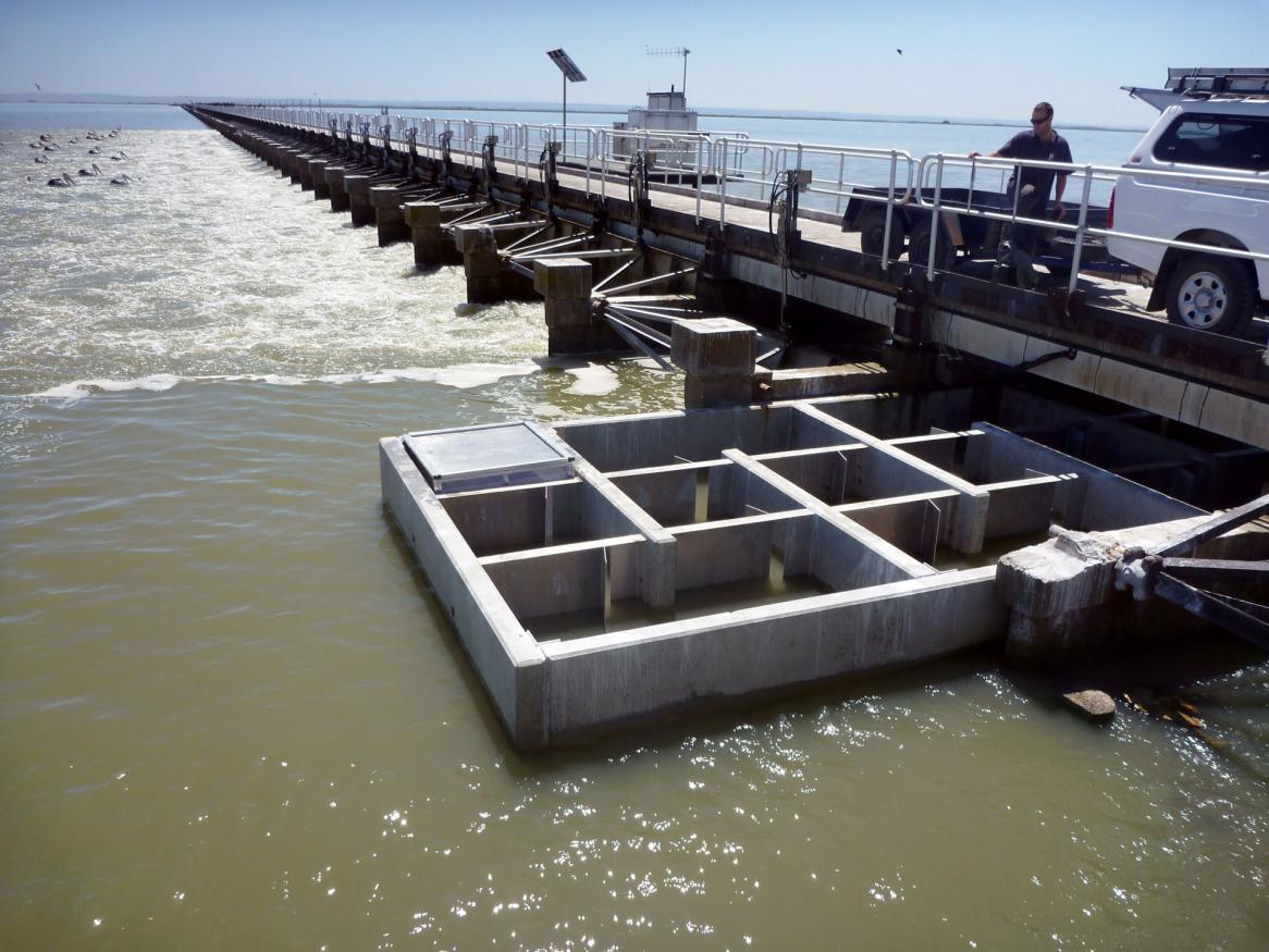 A fish ladder on the Murray Barrages. Fish swim through this structure to move from the estuary. into the freshwater lakes and River Murray. Without fish ladders, fish are seldom able to move past the barrages. Brenton Zampatti, Author provided