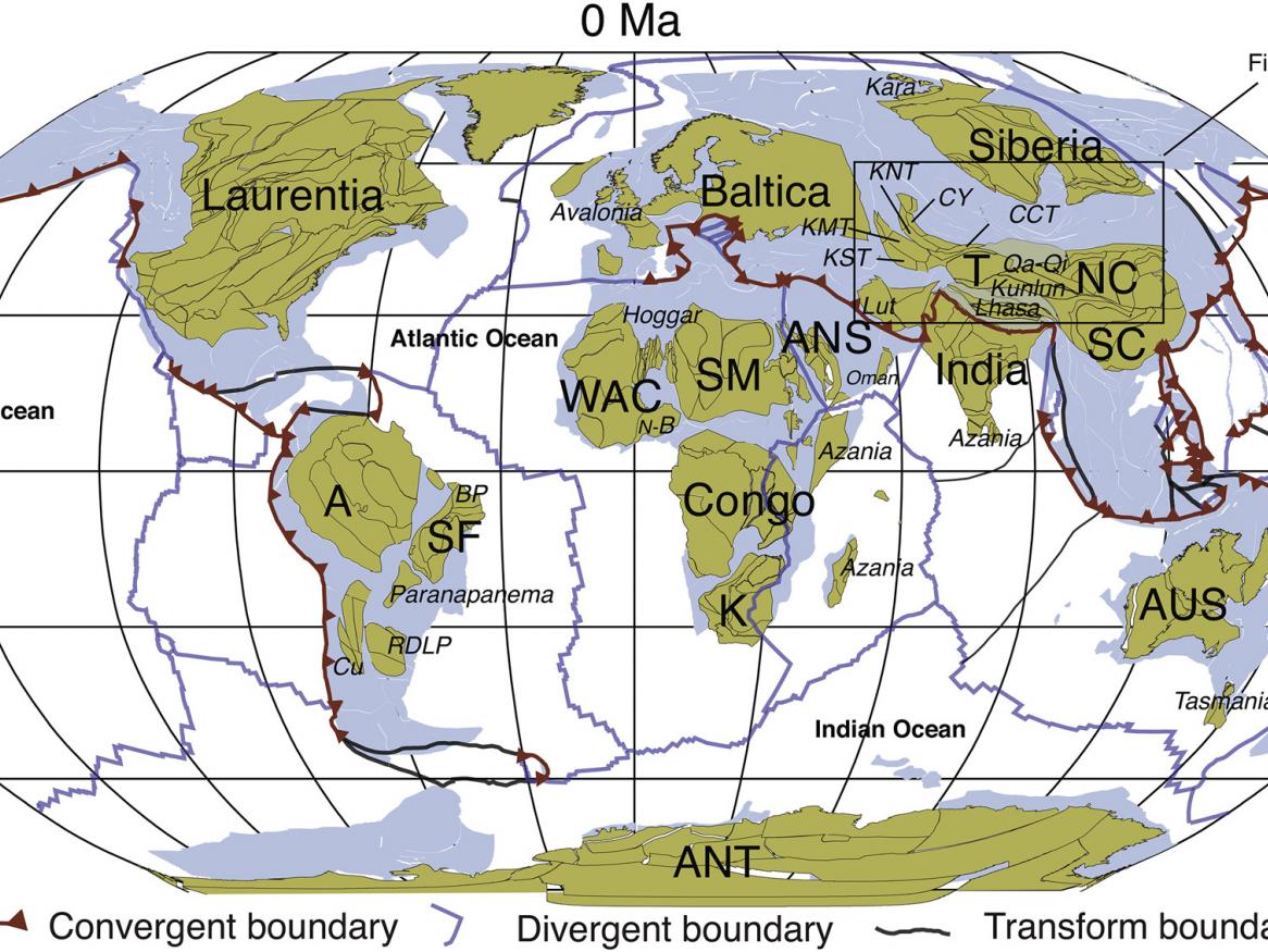 Distribution of continental crust, ocean basins and plate boundaries in the plate model at 0 Ma (current day). Credit: Merdith et al. 2021 (Earth Science Reviews).