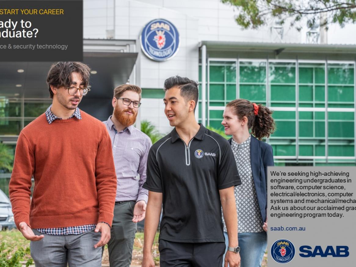 Four young people in front of a SAAB workspace, with text "Ready to graduate?"