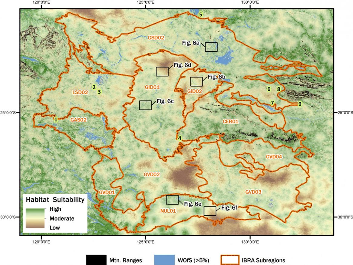 Habitat suitability model. Excavated rockshelter sites with long archaeological sequences (lime green) include: (1) Karnatukul (Serpent’s Glen), (2) Bushturkey-3, (3) Kaalpi, (4) Puntuntjarpa, (5) Parnkupirti, (6) Puritjarra, (7) Glen Thirsty, (8) Tjungkupu, and (9) Kulpi Mara.
