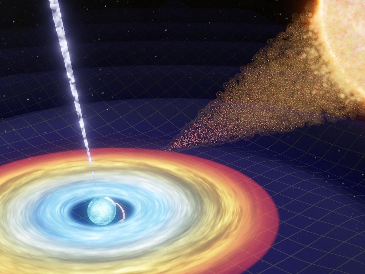 Artist’s impression of continuous gravitational waves generated by a spinning asymmetric neutron star. Image: Mark Myers, OzGrav-Swinburne University.