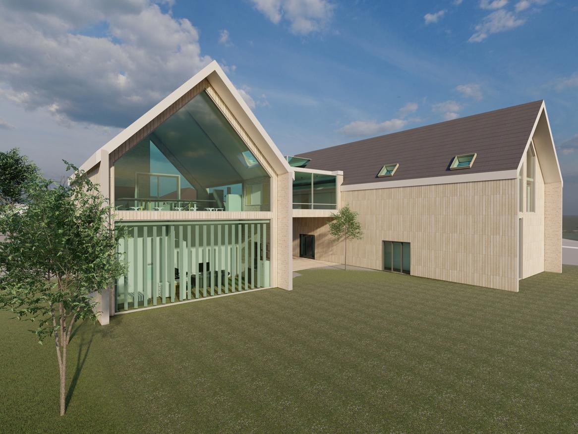 3d digital image of a house with big windows a tree and blue sky with clouds