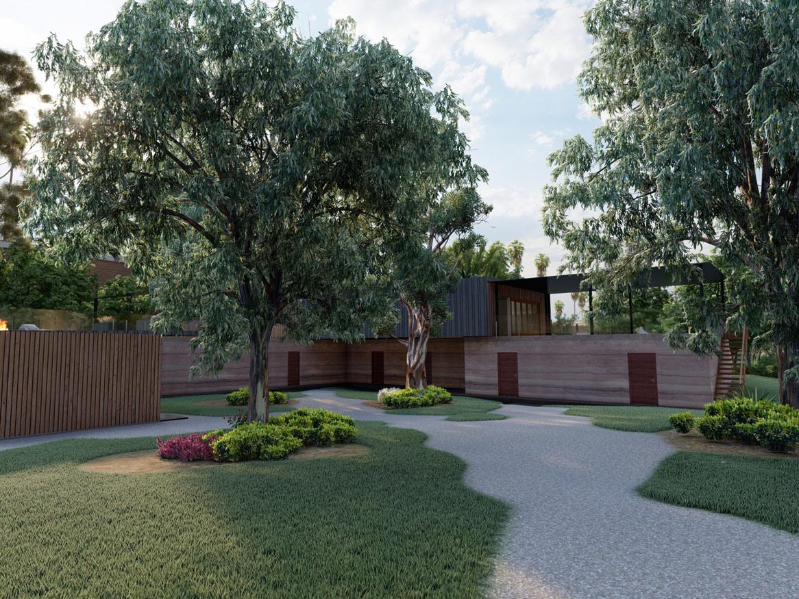 3d render of a house with a driveway and two gum trees