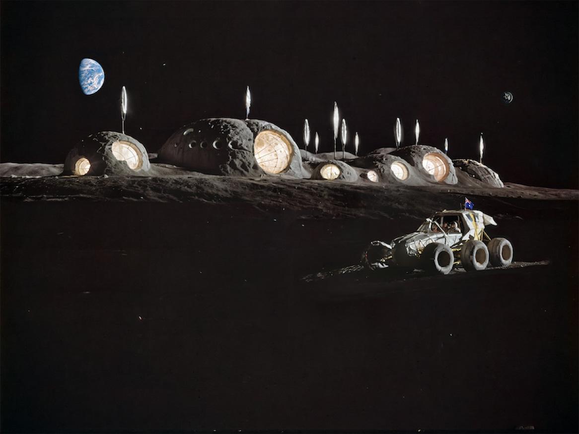   The protective mounds of raw regolith surrounding the exterior walls serve to blur the boundary between settlement and lunar landscape. Solar panels rotate atop the regolith domes, catching the eternal sunlight of the South Pole.